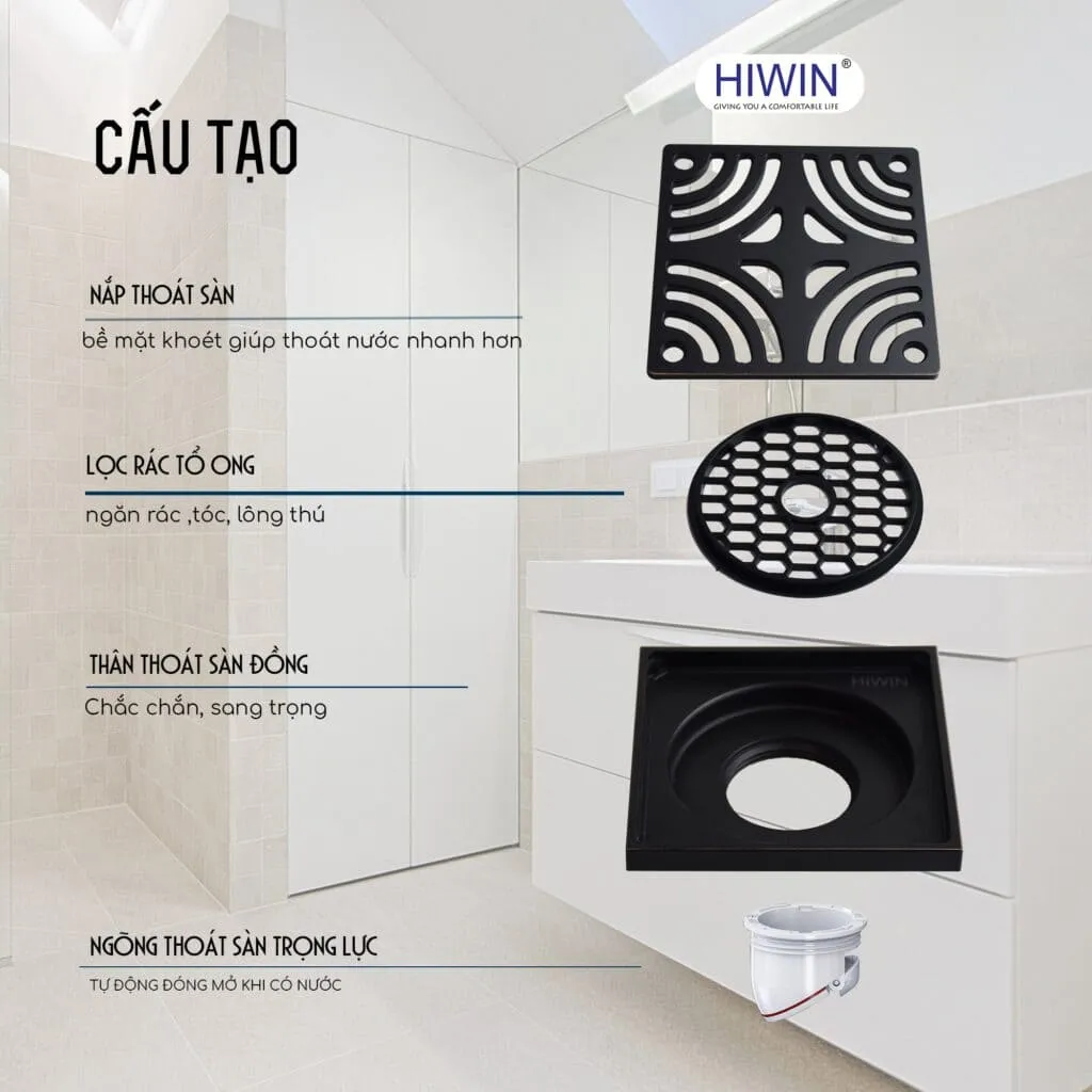 Ga thoát sàn vuông thoát nhanh, ngăn mùi tốt Hiwin FD-1414
