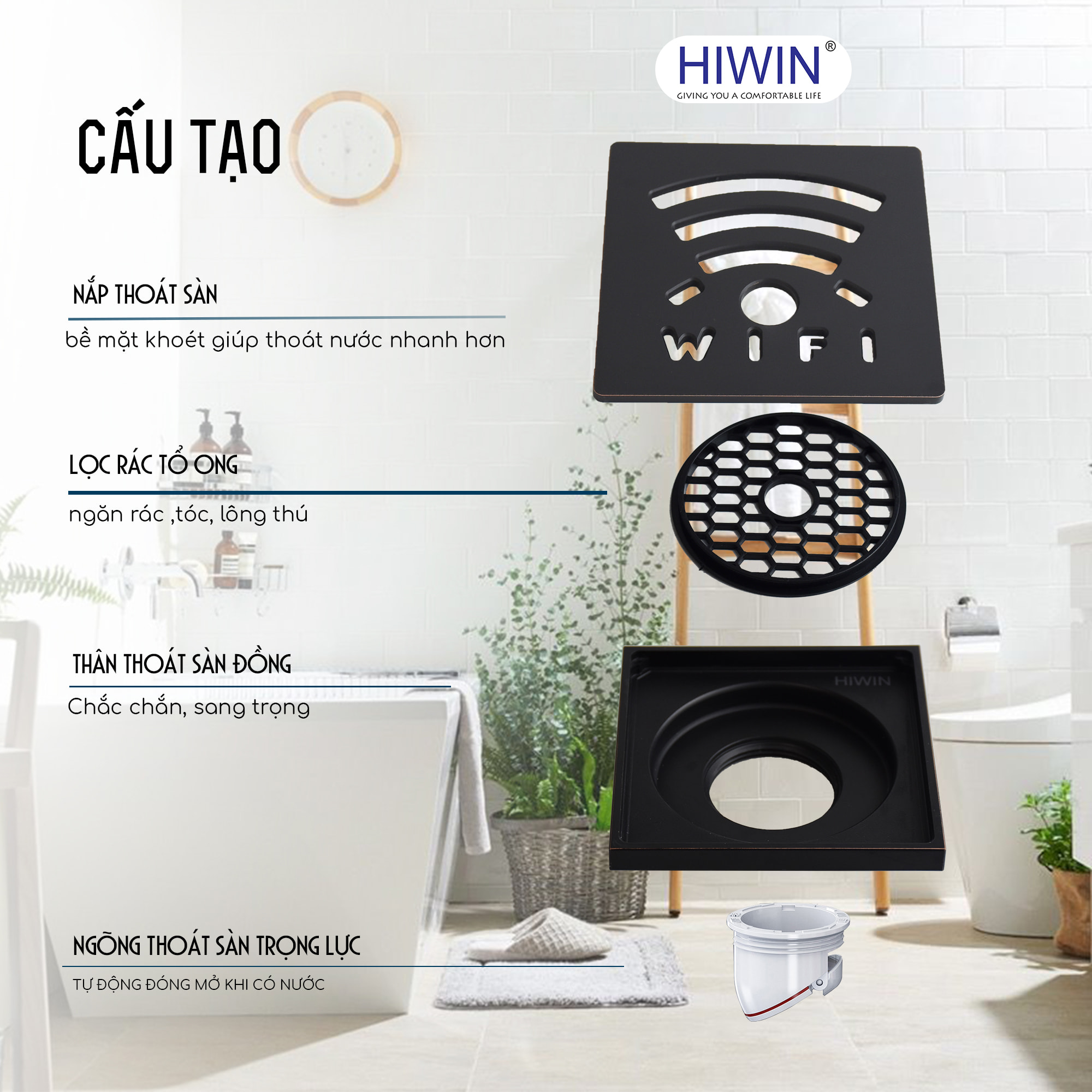Ga thoát sàn mạ đen đồng mạ đen hoạt tiết Wifi Hiwin FD-1418
