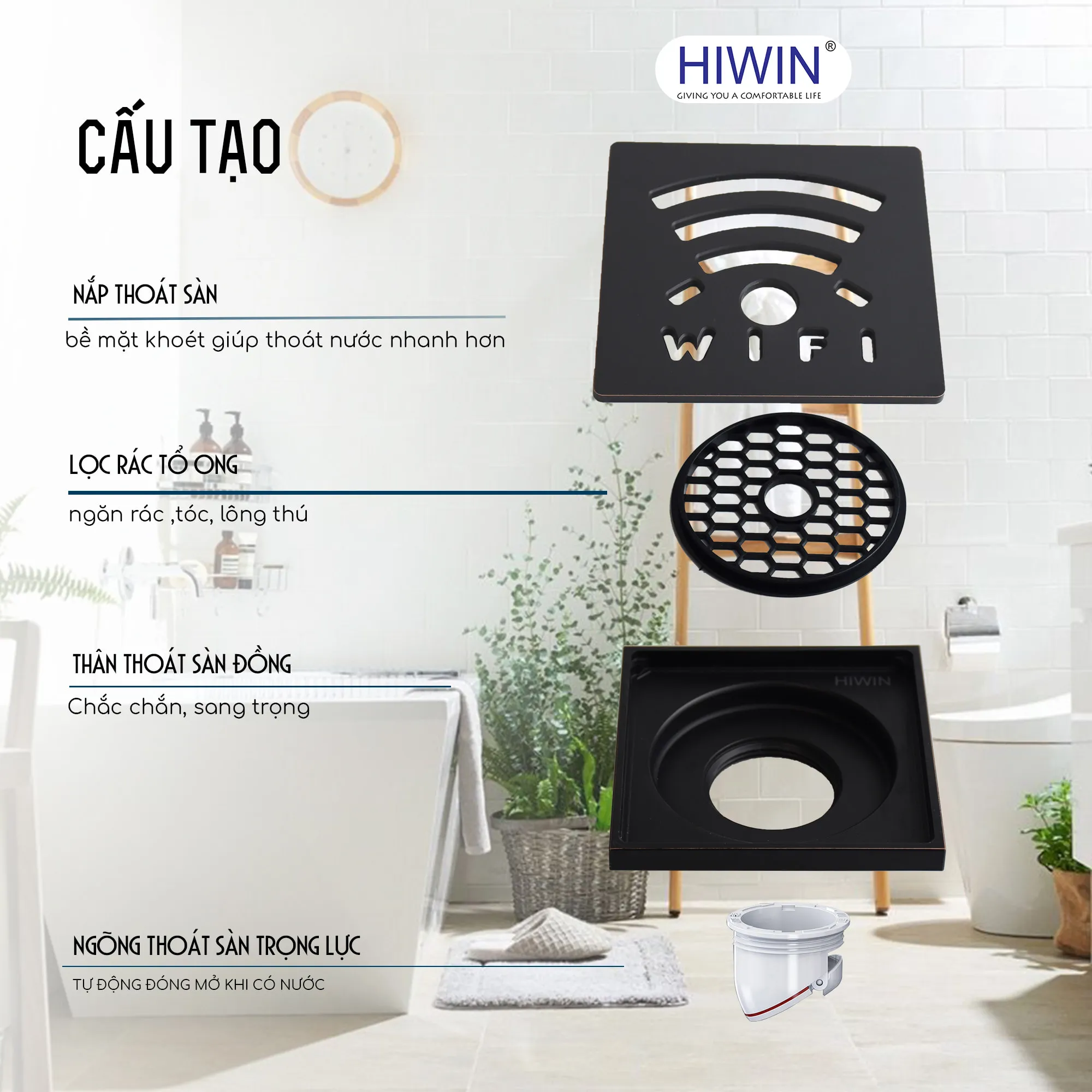 Ga thoát sàn mạ đen đồng mạ đen hoạt tiết Wifi Hiwin FD-1418