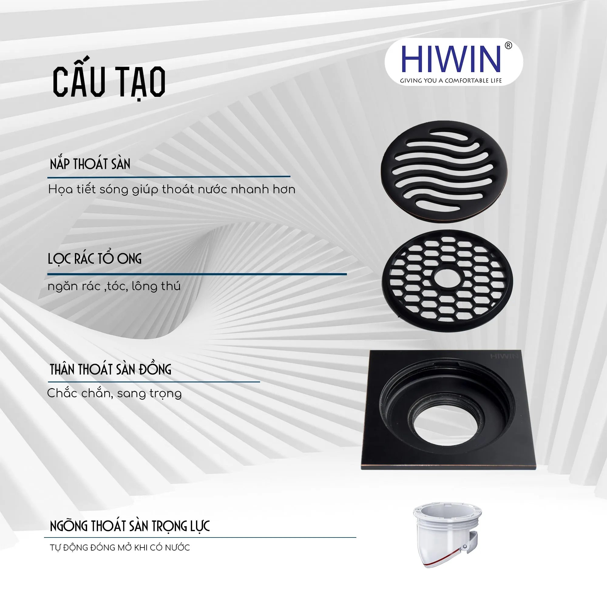 Phễu thu sàn màu đen mờ ngăn mùi hôi 100×100 Hiwin FD-1121B