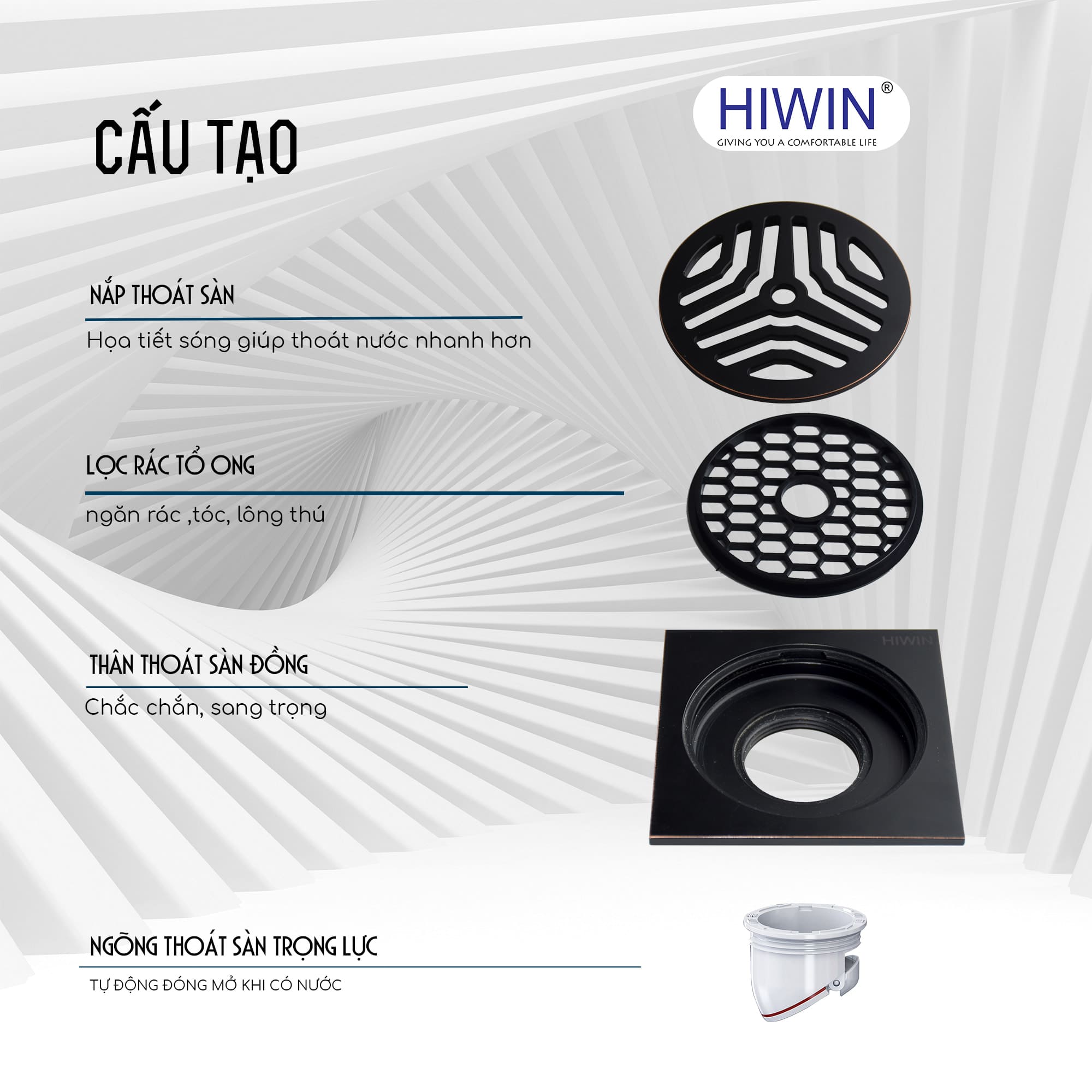 Ga thoát sàn đồng mạ đen thoát nhanh, ngăn mùi Hiwin FD-1122B
