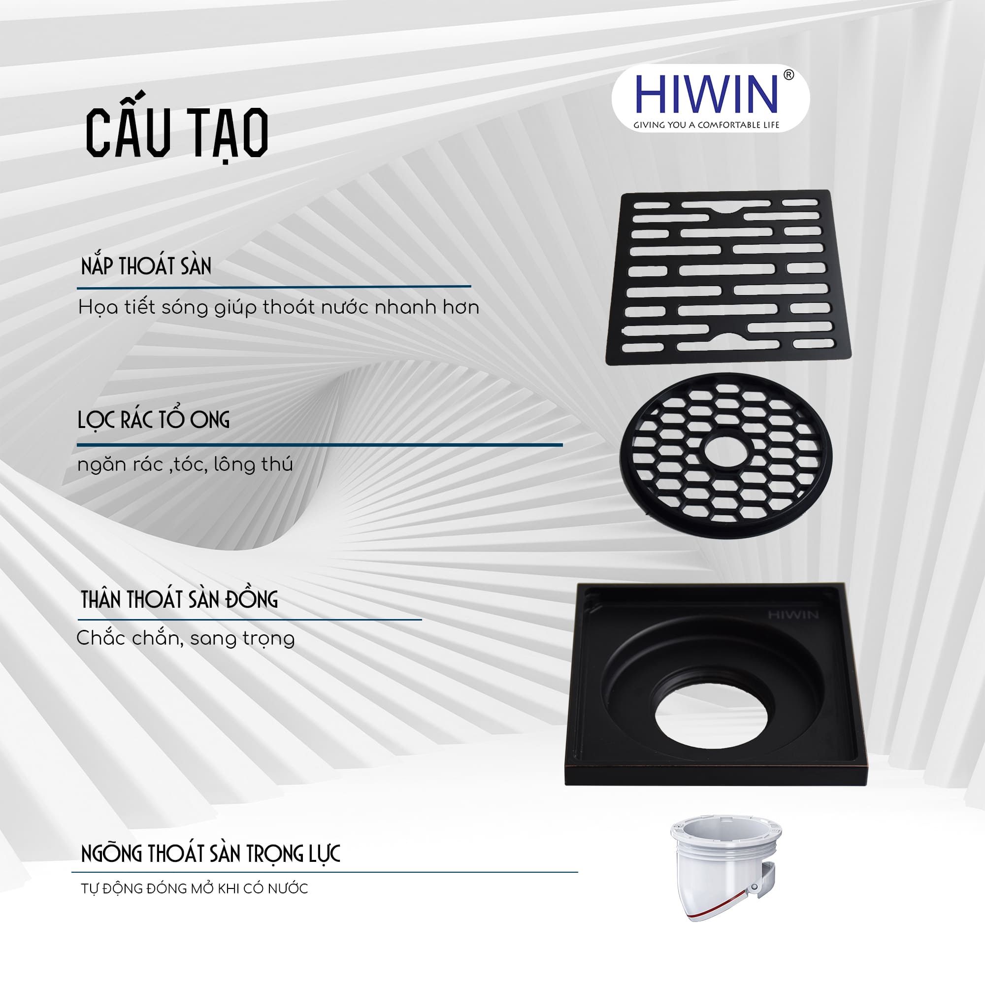 Thoát sàn chống hôi đồng mạ màu đen HIWIN FD-1408B