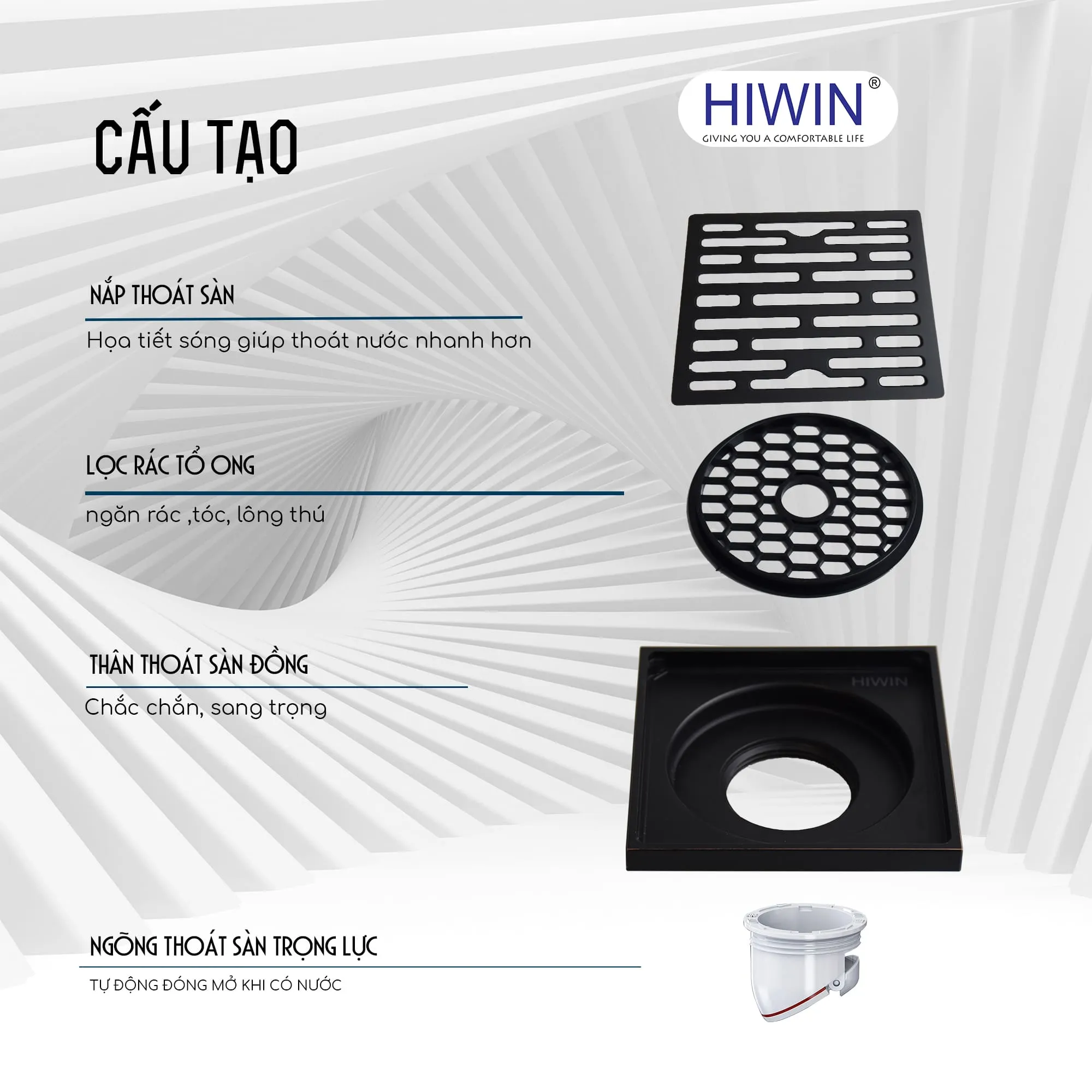 Thoát sàn chống hôi đồng mạ màu đen HIWIN FD-1408B