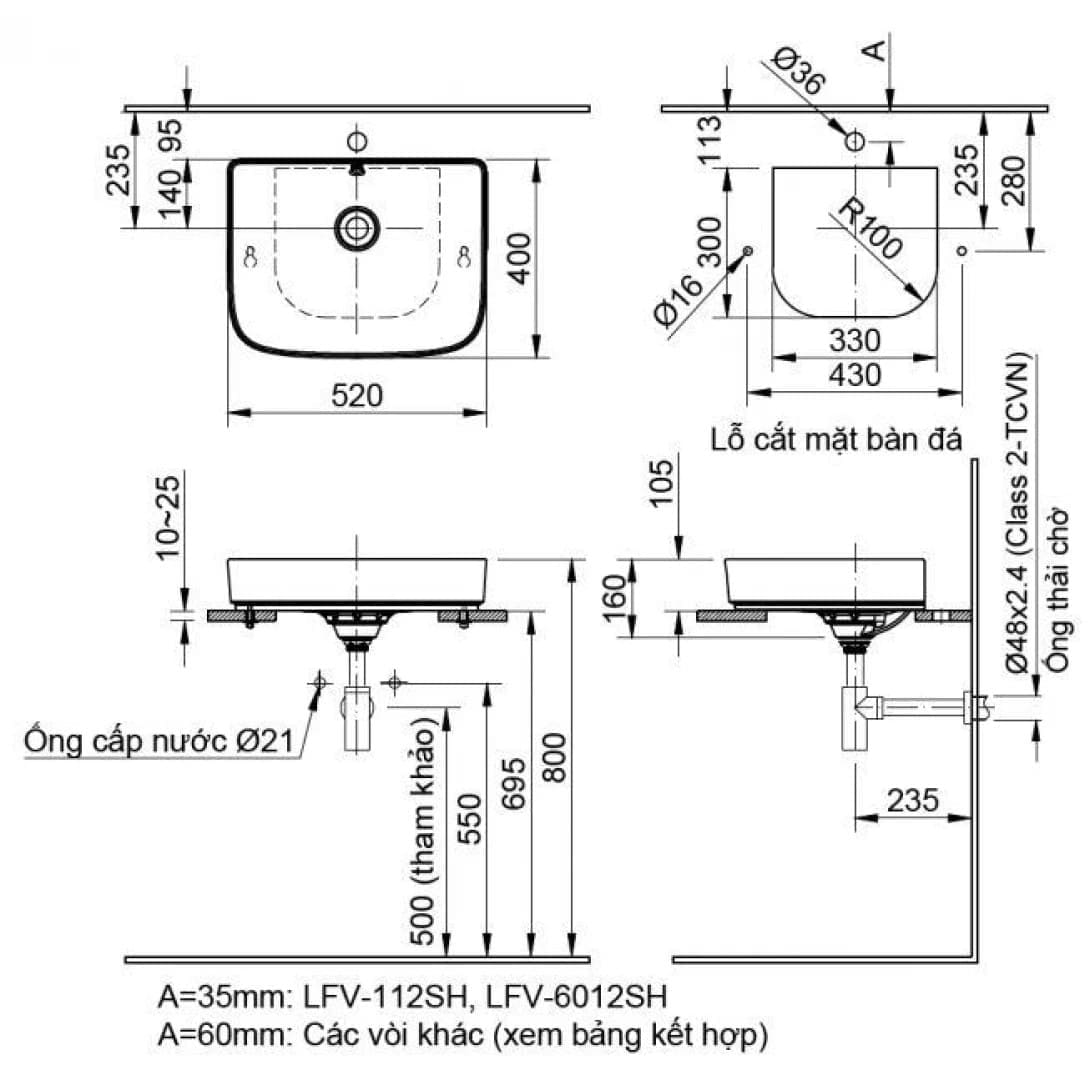 Chậu rửa mặt dương bàn chữ nhật Inax AL-638V
