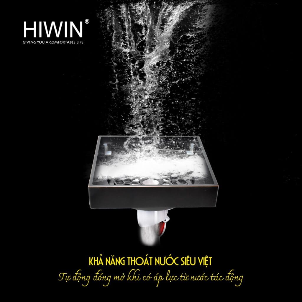 Ga thoát sàn mạ đen lát gạch ngăn mùi thoát nhanh Hiwin FD-1901B