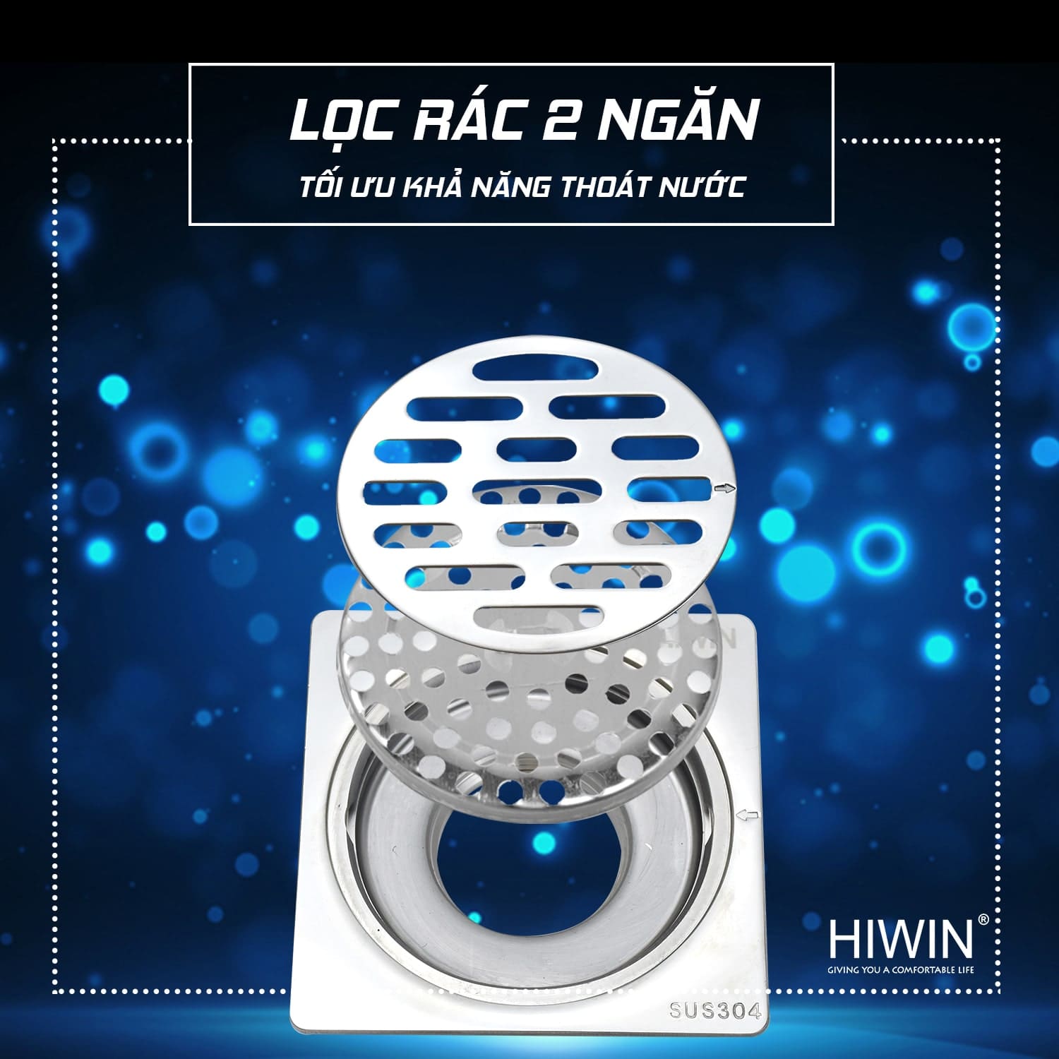 Ga thoát sàn inox 304 chống hôi thoát nước nhanh Hiwin FD-1001