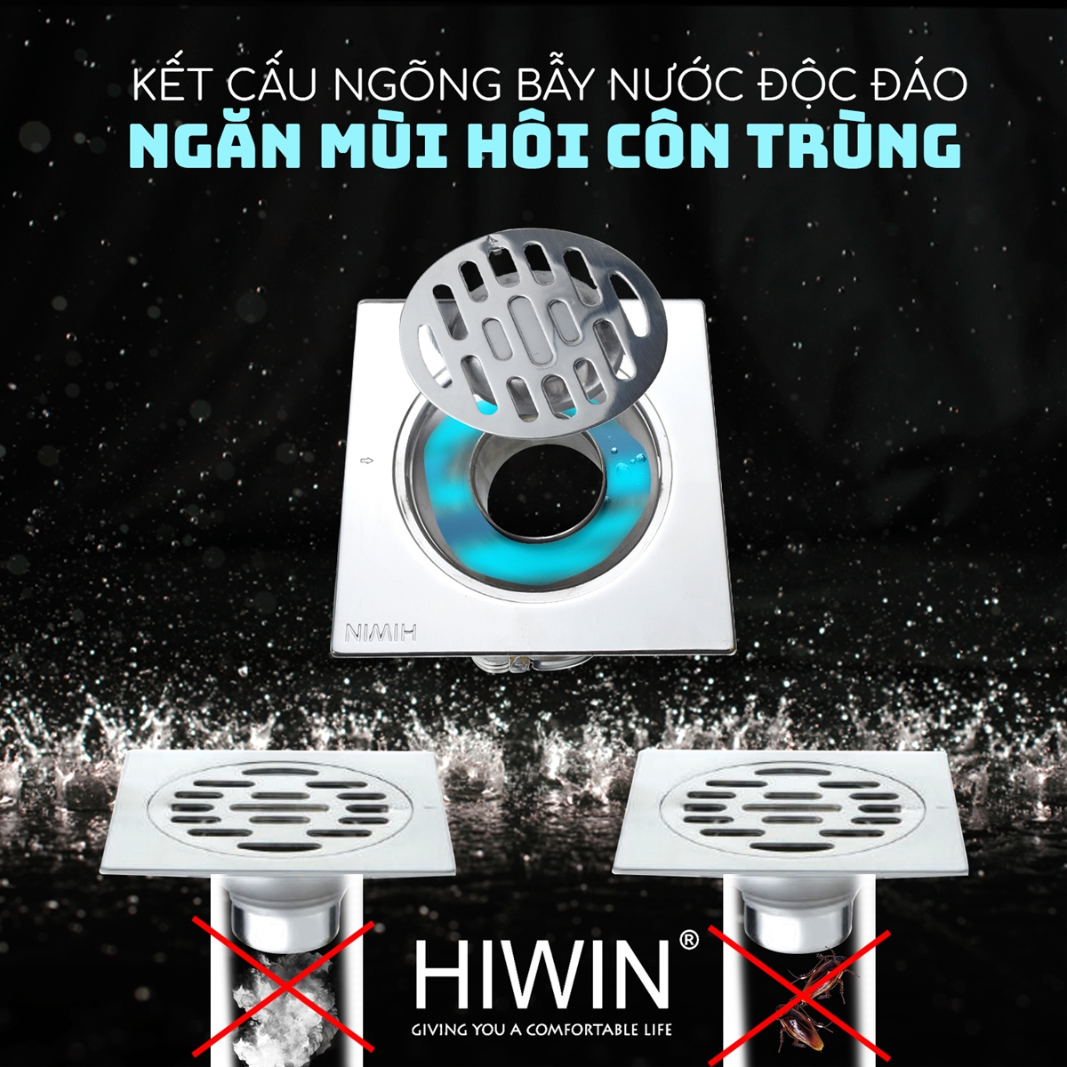 Ga thoát sàn inox 304 chống hôi thoát nước nhanh Hiwin FD-8210A