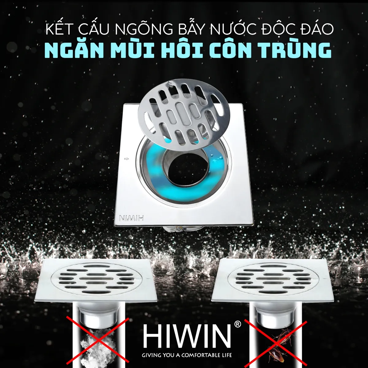 Ga thoát sàn inox 304 chống hôi thoát nước nhanh Hiwin FD-8210A