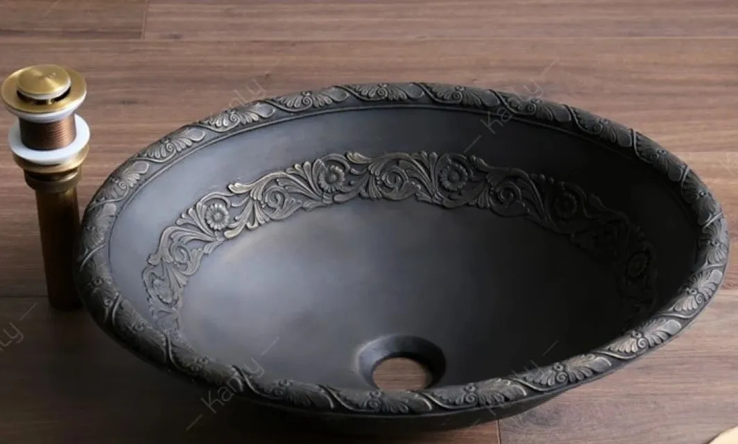 Chậu lavabo đặt bàn đồng thau họa tiết đầu trâu Kanly BS026