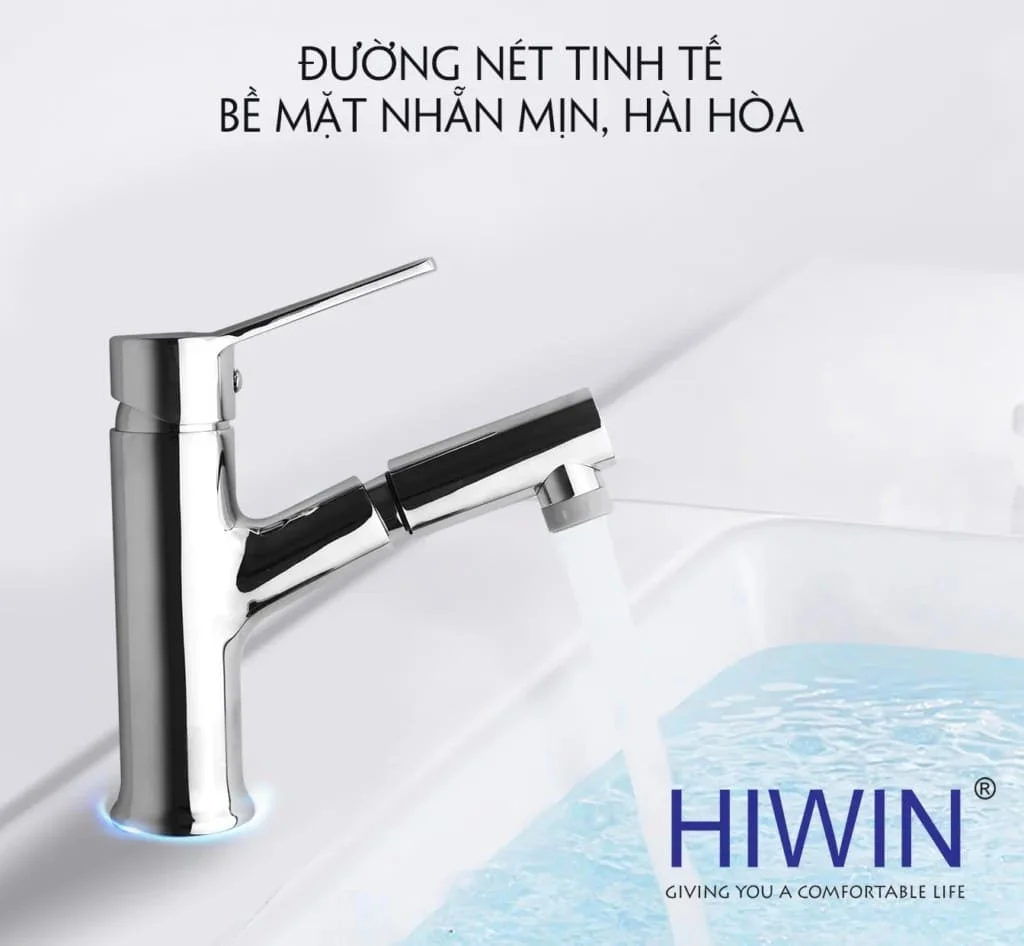 Vòi chậu rửa mặt nóng lạnh màu vàng xước HIWIN KF-1311