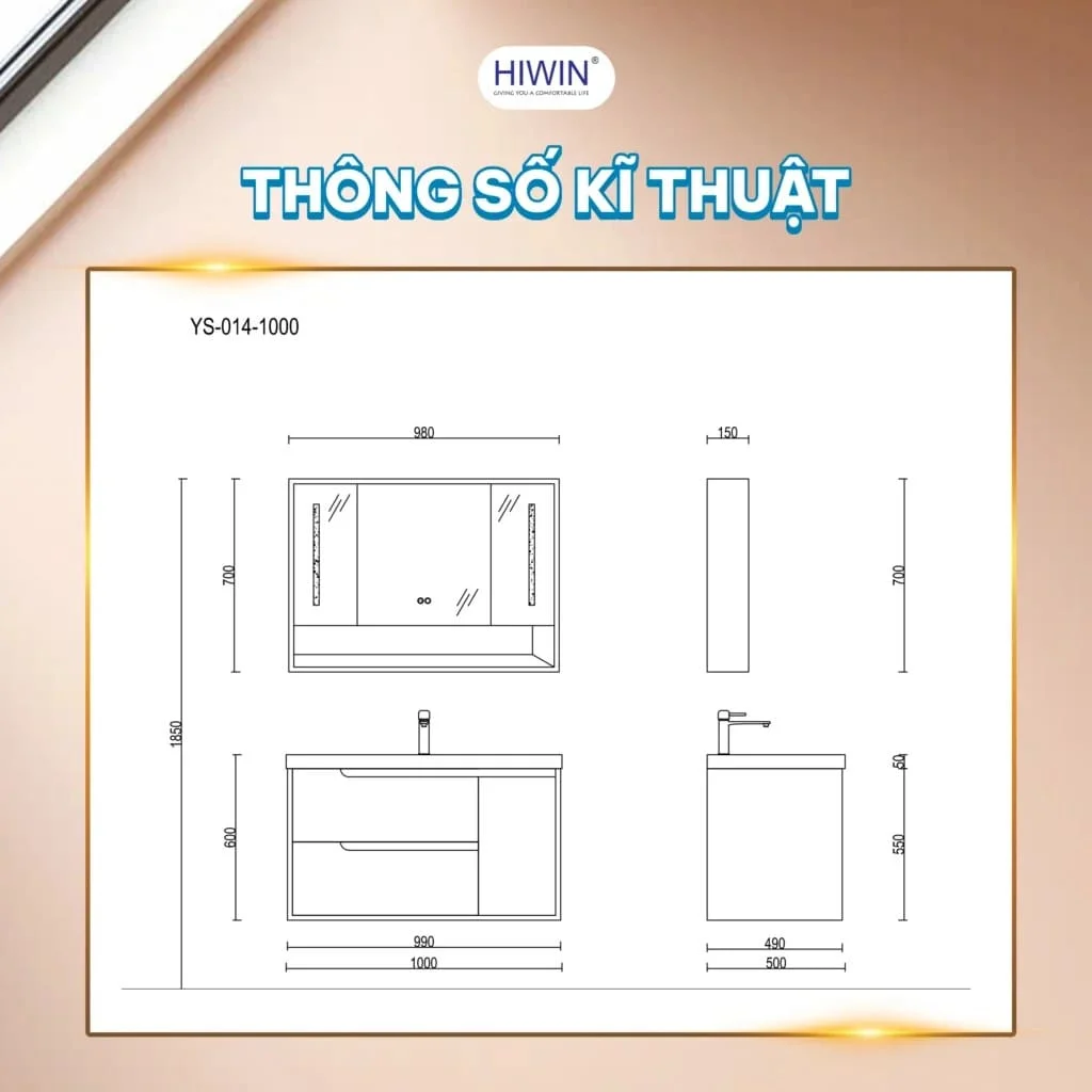 Bộ tủ chậu Lavabo treo tường màu hồng có thanh treo khăn Hiwin YS-2621