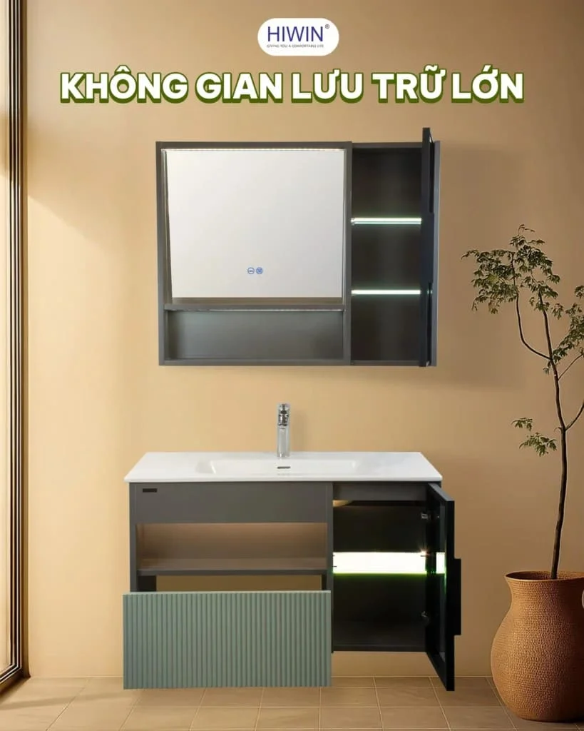 Bộ tủ chậu Lavabo trắng + vân gỗ có chân đỡ Hiwin YS-2636