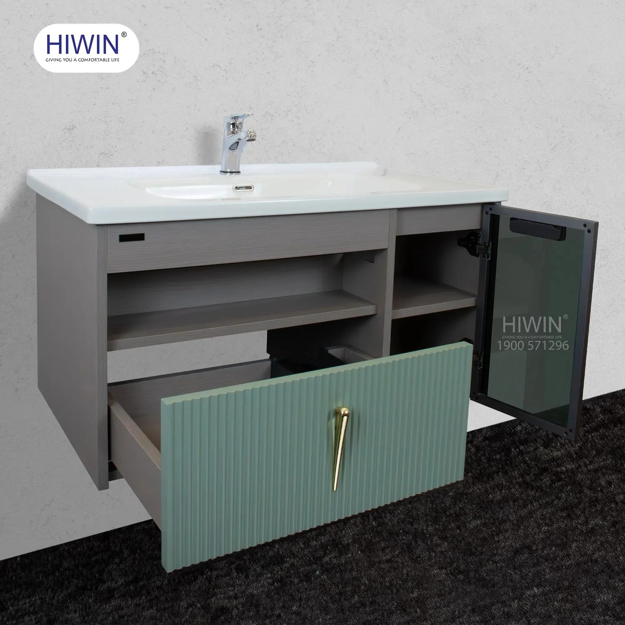 Bộ tủ chậu Lavabo trắng + vân gỗ có chân đỡ Hiwin YS-2636