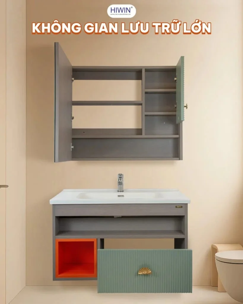 Bộ tủ chậu Lavabo trắng + vân gỗ có chân đỡ Hiwin YS-2636
