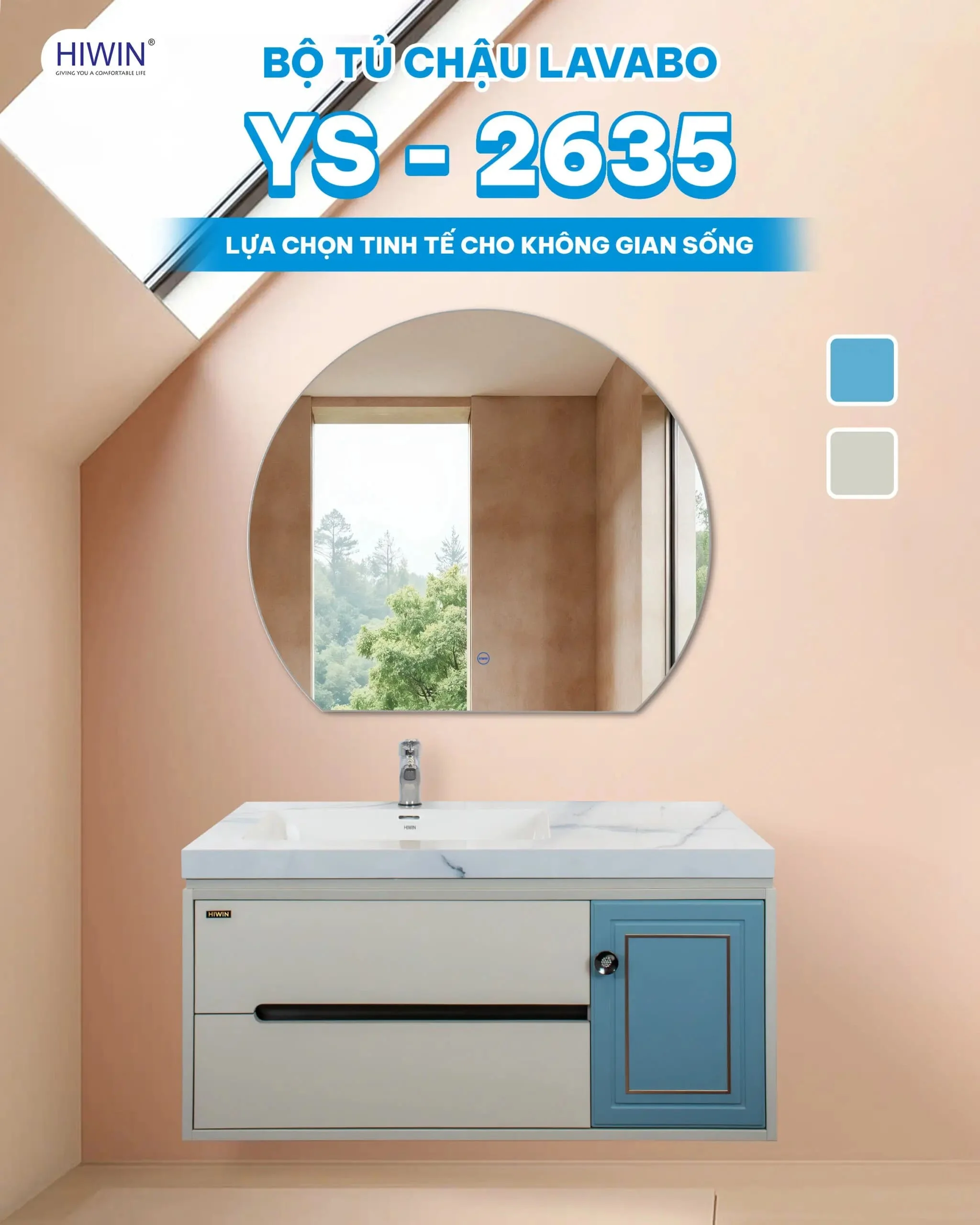 Bộ tủ chậu Lavabo trắng + vân gỗ có chân đỡ Hiwin YS-2636