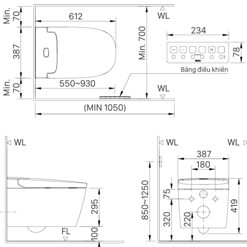 Bản vẽ kỹ thuật Bàn cầu treo tường xả tay gạt Inax AC-22PVN