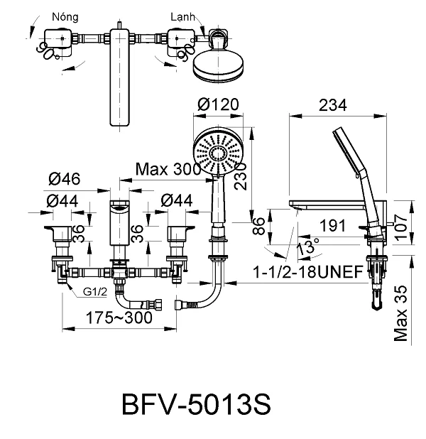 bản vẽ kỹ thuật Sen vòi nóng lạnh gắn bồn tắm INAX BFV-7000B
