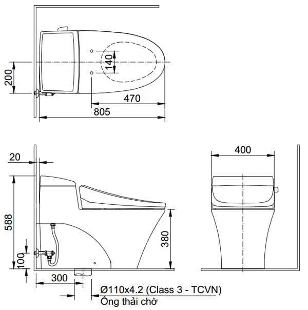 bản vẽ kỹ thuật Bàn cầu 1 khối nắp rơi êm Inax AC-900VRN