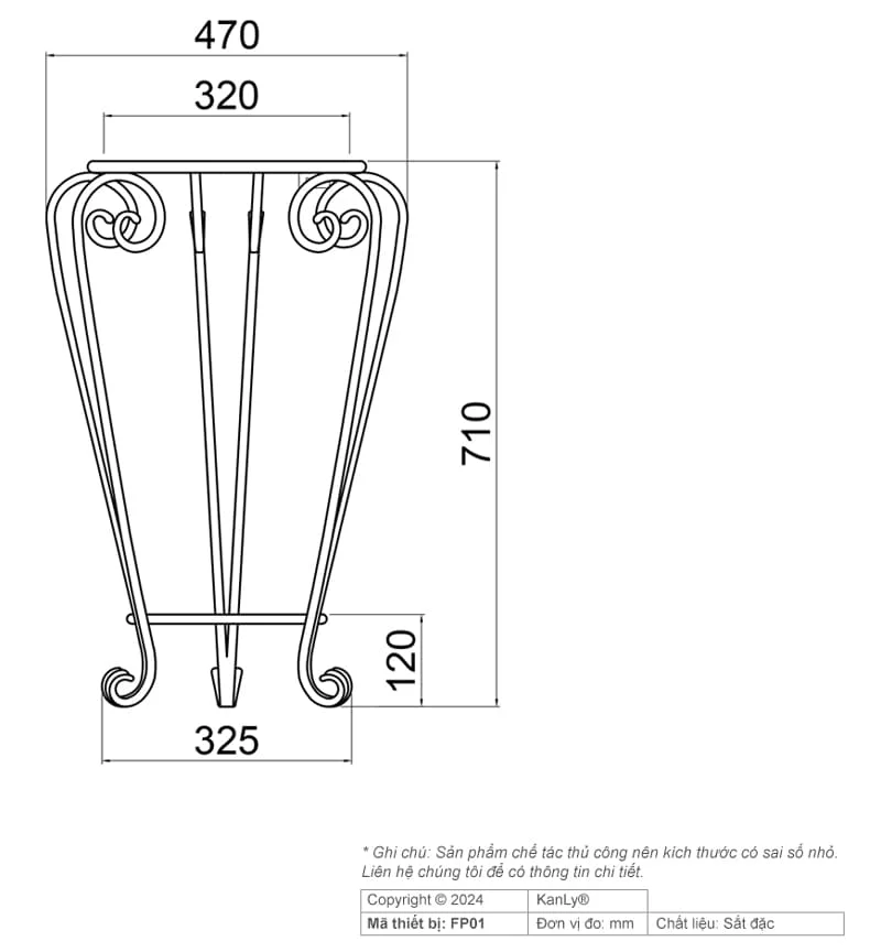 Bản vẽ kỹ thuật Trụ để lavabo bằng sắt Kanly FP01