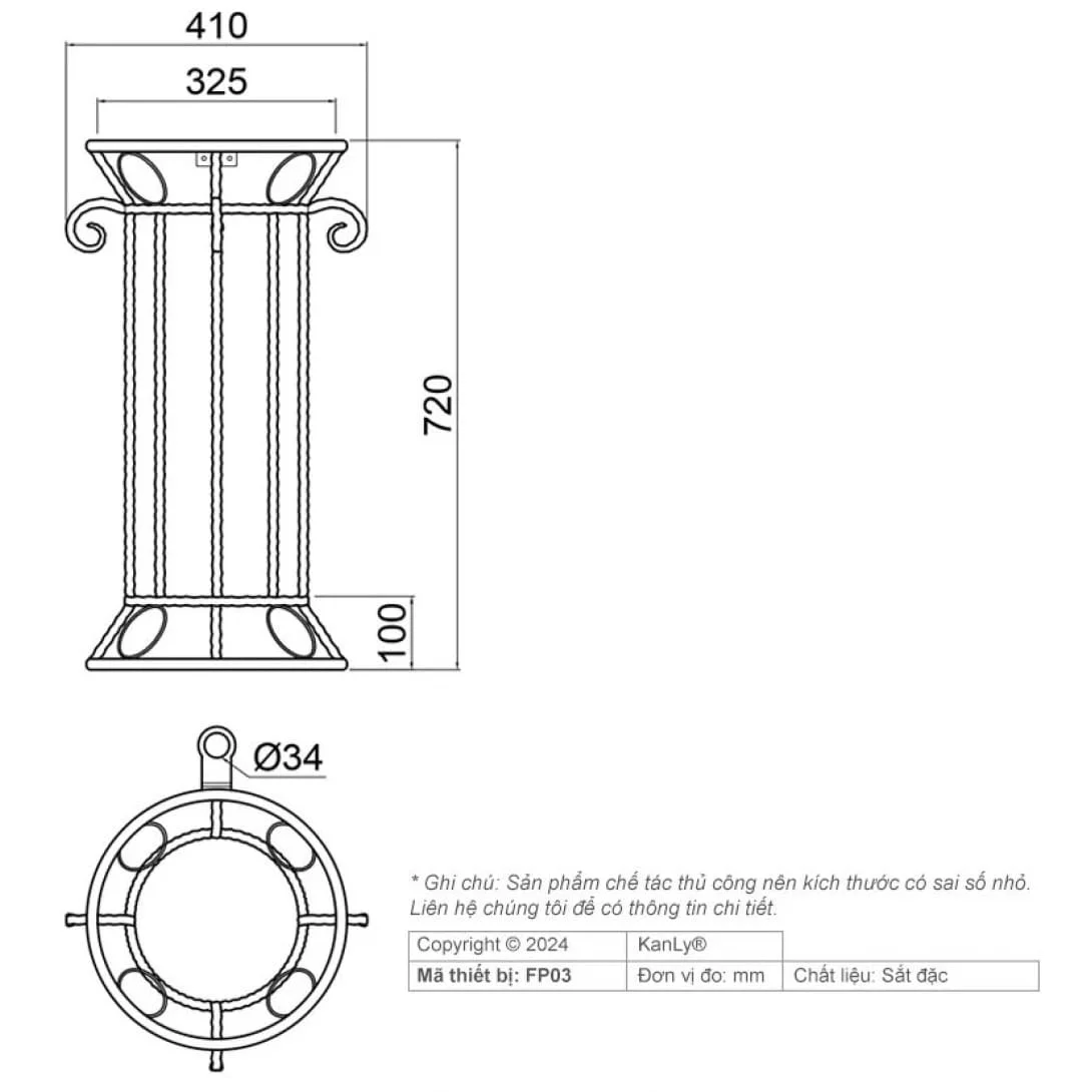 Bản vẽ kỹ thuật Trụ để lavabo bằng sắt Kanly FP01