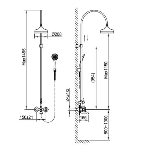 Bản vẽ kỹ thuật sen cây đứng nóng lạnh Clara CF-49355NE