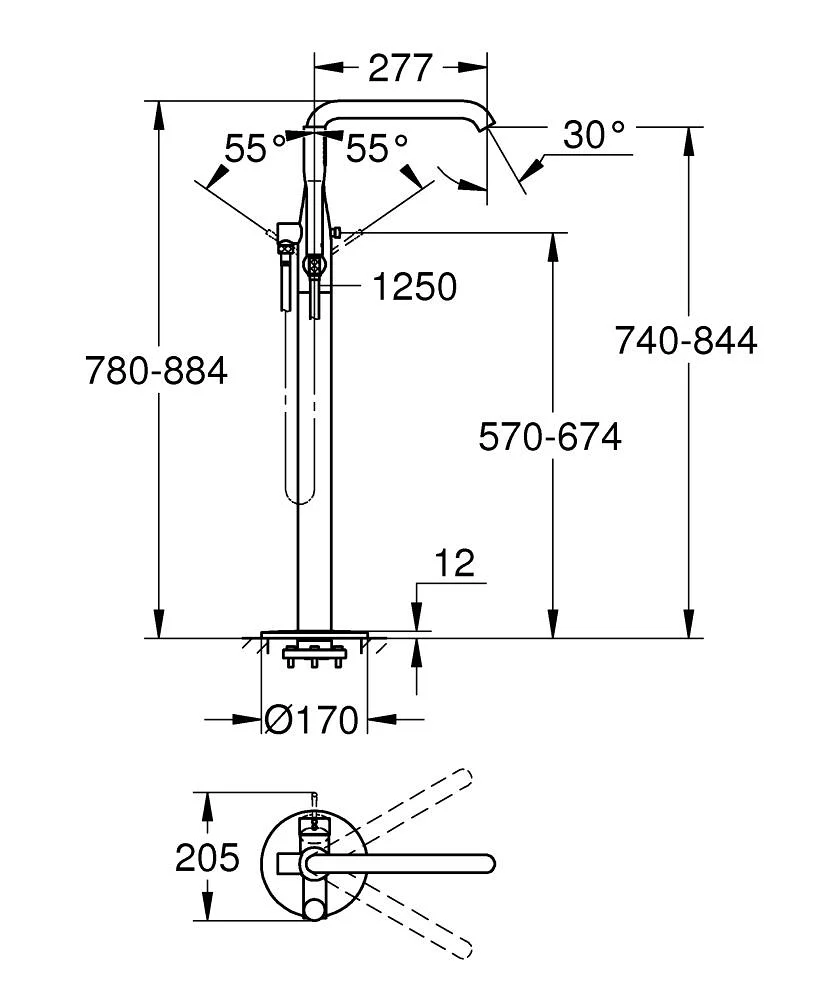 Bản vẽ kỹ thuật sen vòi bồn tắm đặt sàn Grohe 23491AL1