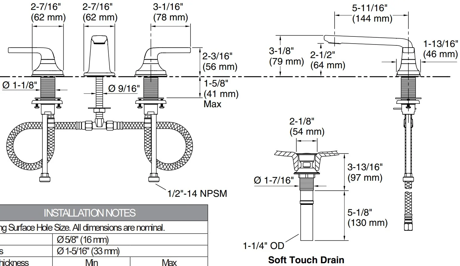 Bản vẽ vòi lavabo nóng lạnh gắn chậu Kallista P24706