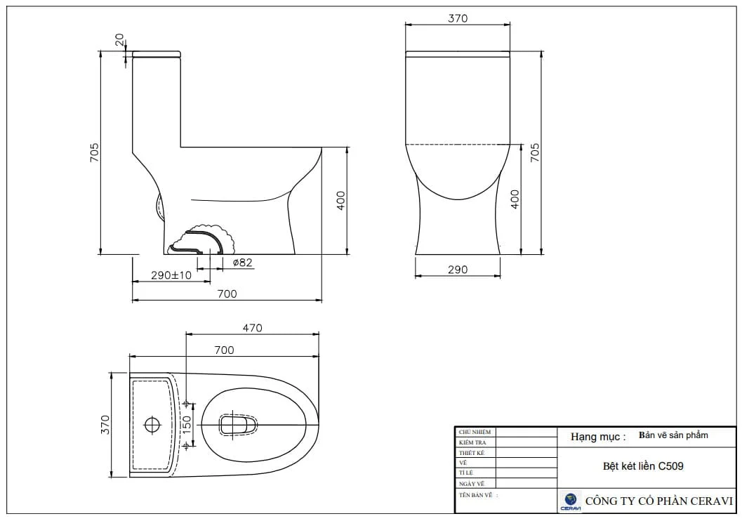 Bản vẽ kỹ thuật bồn cầu 1 Khối nắp rơi êm Ceravi C509