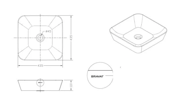 Bản vẽ kỹ thuật chậu rửa mặt đặt bàn màu hồng BRAVAT X22106R
