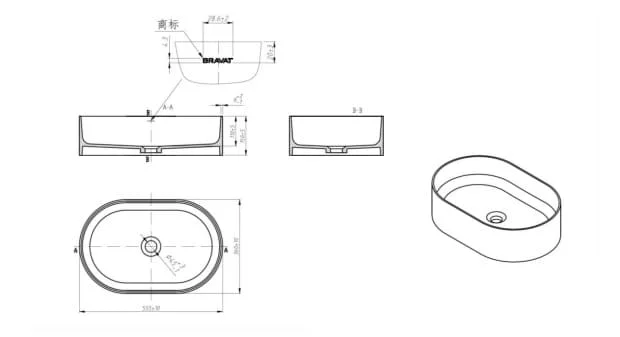 Bản vẽ kỹ thuật chậu rửa mặt đặt bàn màu hồng BRAVAT X22106R