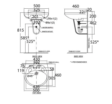 Bản vẽ Chậu rửa treo tường chân lửng American Standard VF-0947/VF-0741