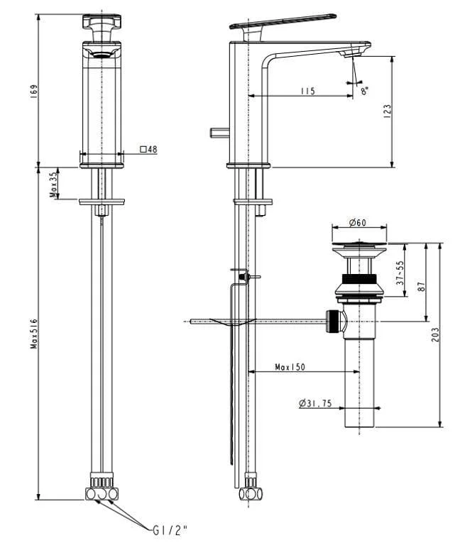 Bản vẽ kỹ thuật vòi chậu nóng lạnh thân cao Loven American Standard WF-1M02