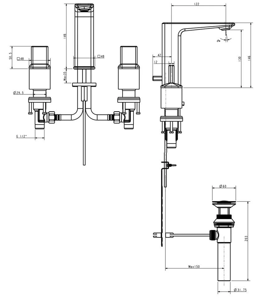 Bản vẽ kỹ thuật vòi chậu nóng lạnh thân cao Loven American Standard WF-1M02