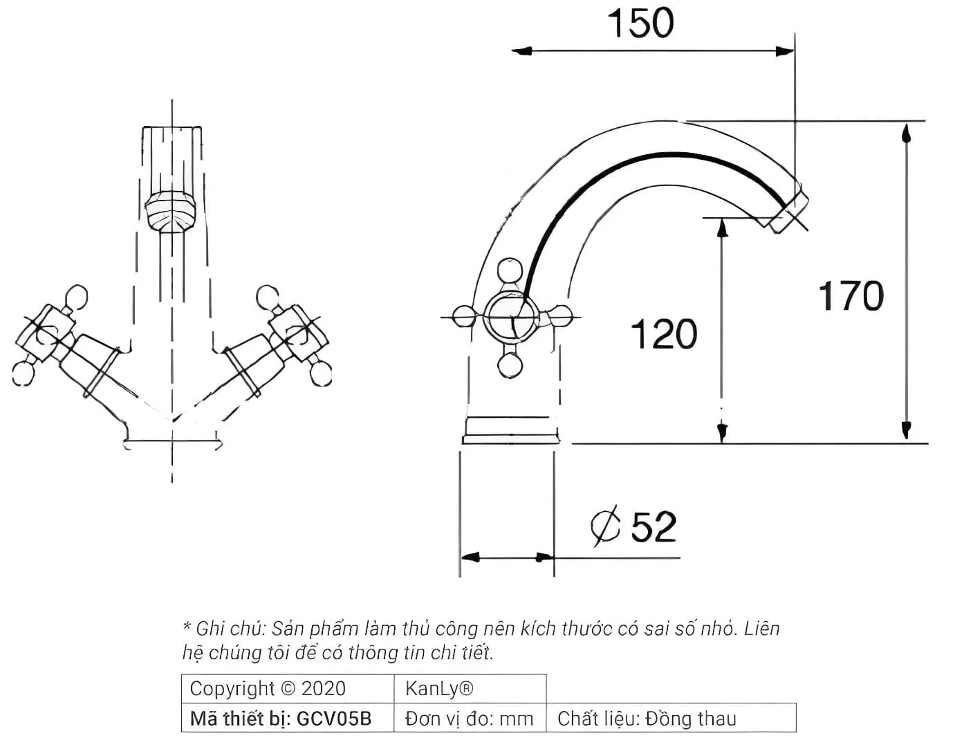 Bản vẽ kỹ thuật Vòi lavabo nóng lạnh màu đen Kanly GCV05B