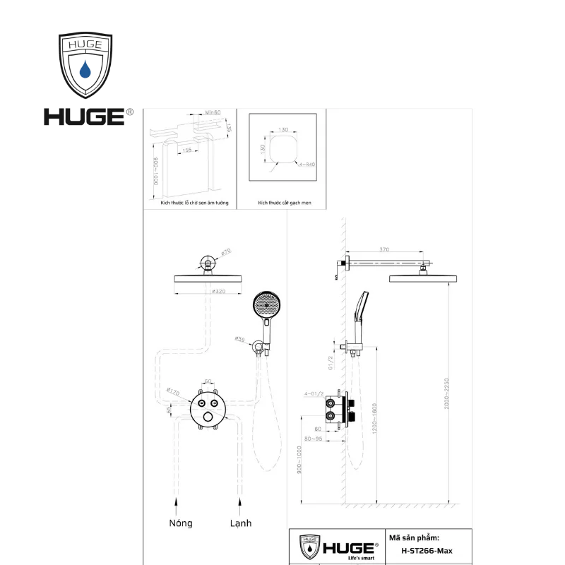 Sen tắm âm tường nhiệt độ bát trần HUGE H-ST999M