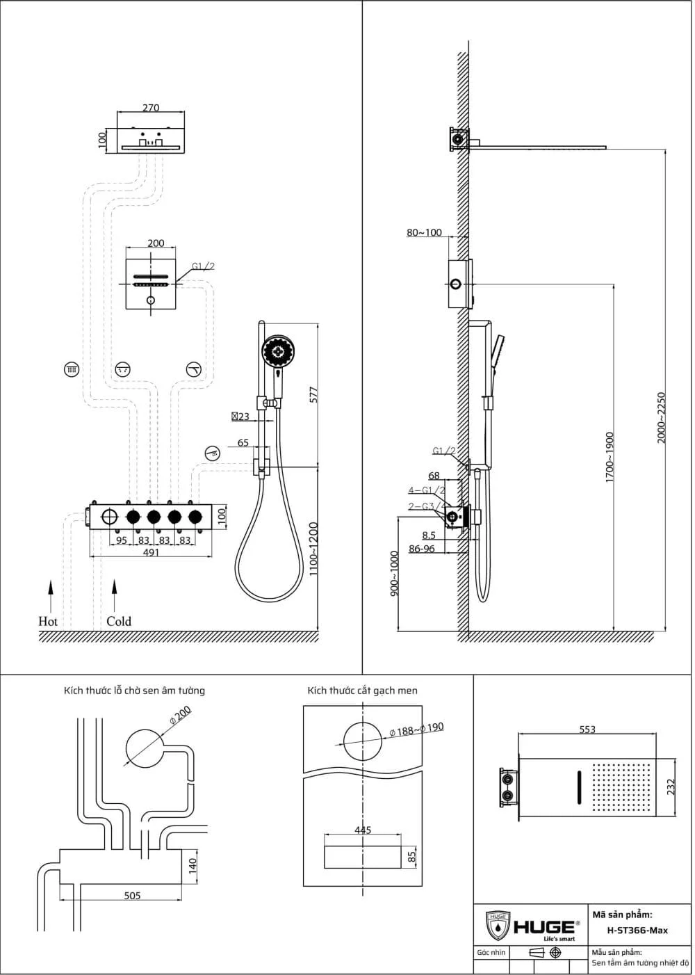 Sen tắm âm tường nhiệt độ bát trần HUGE H-ST999M