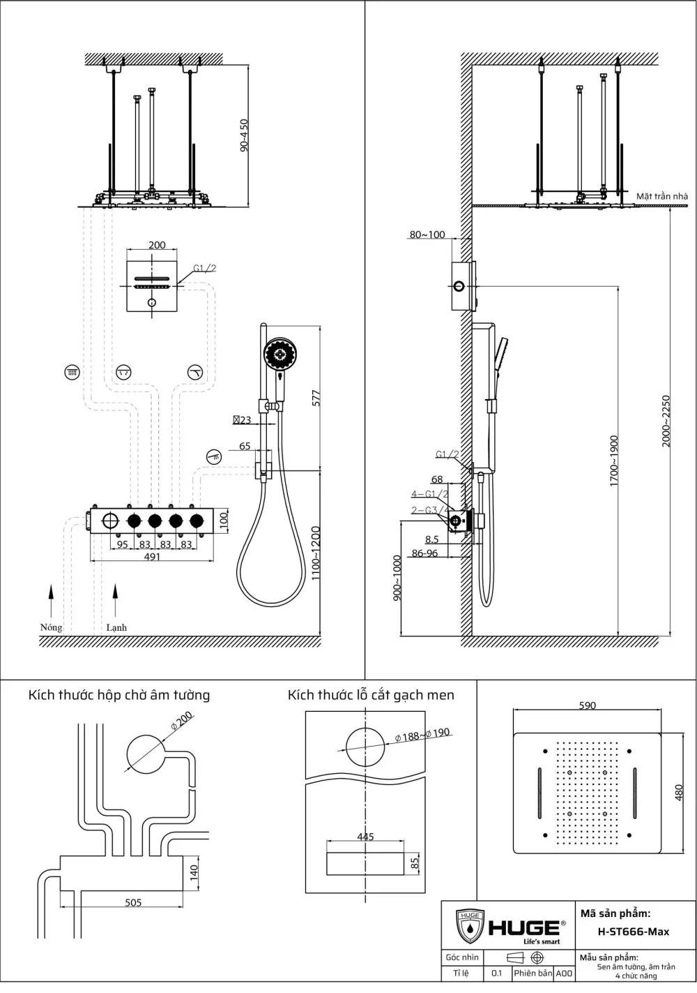 Sen tắm âm tường nhiệt độ bát trần HUGE H-ST999M