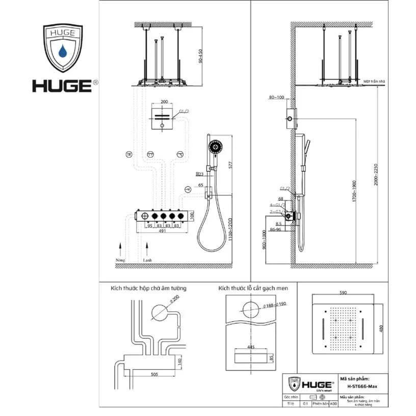 Sen tắm âm tường nhiệt độ bát trần HUGE H-ST999M