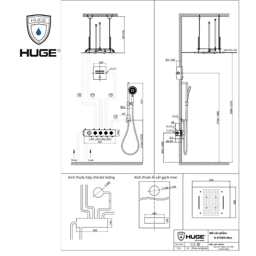 Sen tắm âm tường nhiệt độ bát trần HUGE H-ST999M