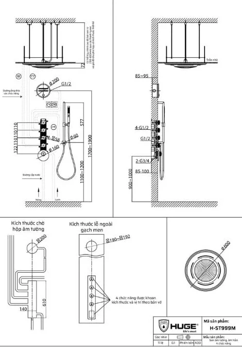 Sen tắm âm tường nhiệt độ bát trần HUGE H-ST999M