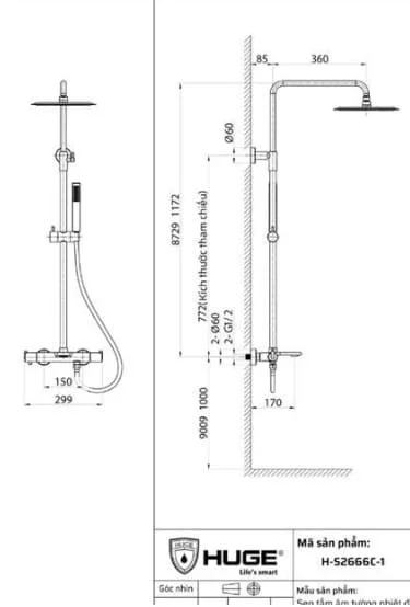 Sen tắm âm tường nhiệt độ bát trần HUGE H-ST999M