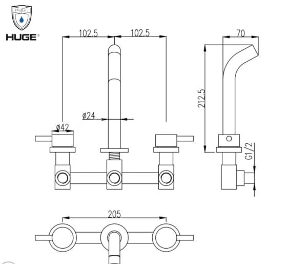 Bản vẽ kỹ thuật Vòi Lavabo Âm Tường Nóng Lạnh Huge H-VT260M