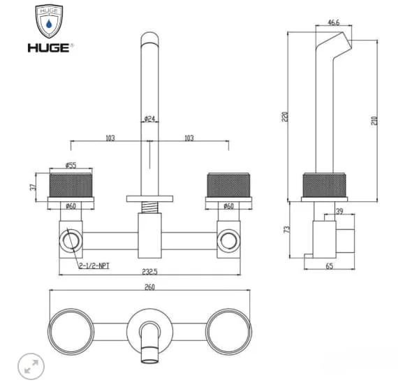 Bản vẽ kỹ thuật Vòi Lavabo Âm Tường Nóng Lạnh Huge H-VT260M