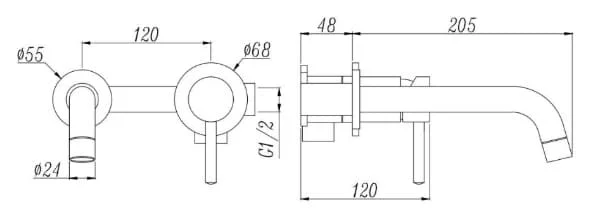 Bản vẽ kỹ thuật Vòi Lavabo Âm Tường Nóng Lạnh Huge H-VT200C