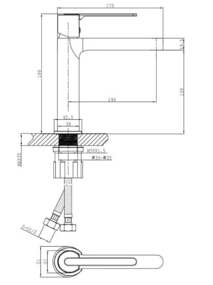 Bản vẽ kỹ thuật Vòi Lavabo Âm Tường Nóng Lạnh Huge H-VT260M