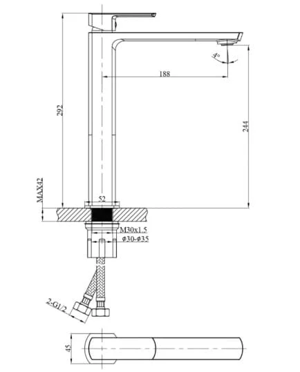 Bản vẽ kỹ thuật Vòi Lavabo Âm Tường Nóng Lạnh Huge H-VT260M