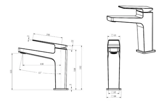 Bản vẽ kỹ thuật Vòi Lavabo Âm Tường Nóng Lạnh Huge H-VT260M