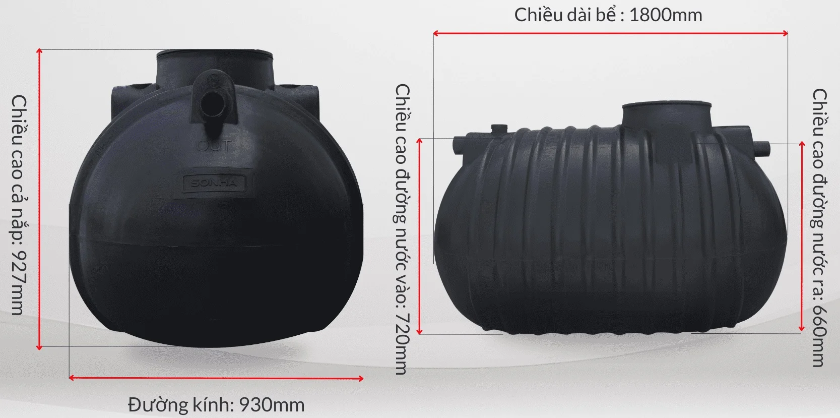 Kích thước bồn tự hoại Septic Sơn Hà 1000l nằm ngang
