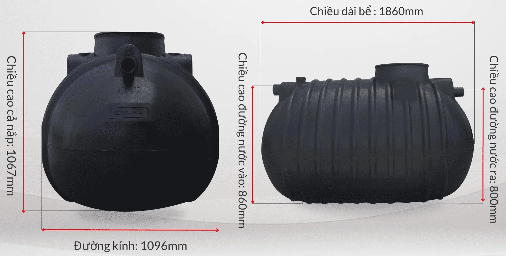 Kích thước bồn tự hoại Septic Sơn Hà 1400l nằm ngang