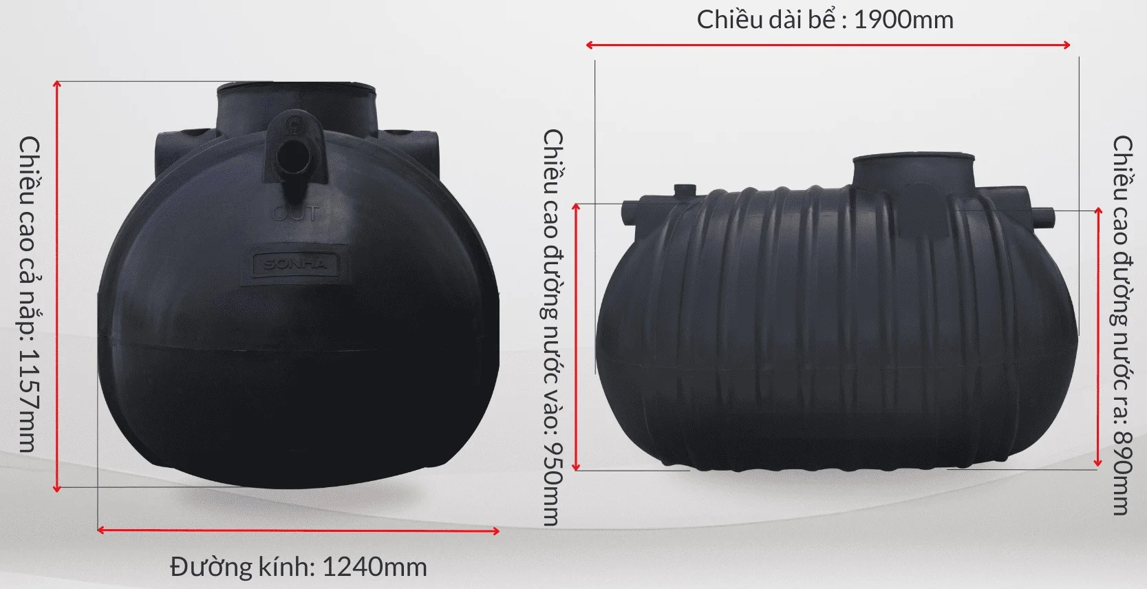 Kích thước bể phốt Sơn Hà 1700L ngang